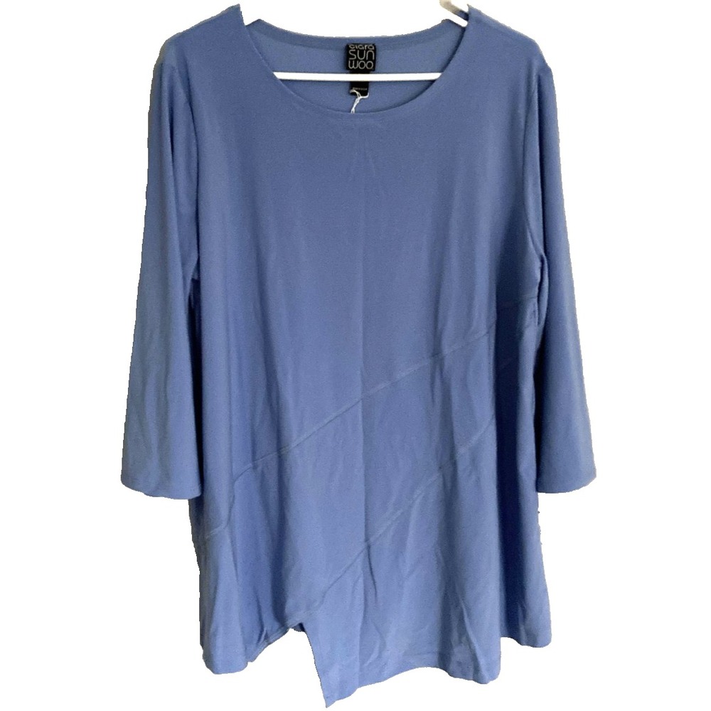 Clara Sunwoo Shirt Women 1X Blue Scoop Neck 3/4 Sleeve Tunic Top Asym Hem NWT